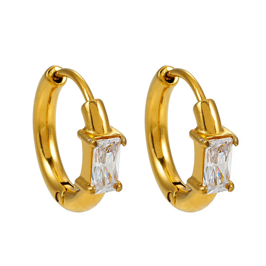 Style CONWYN: Retro Style Hoops with an Encased Clear Zirconia Charm in Gold.