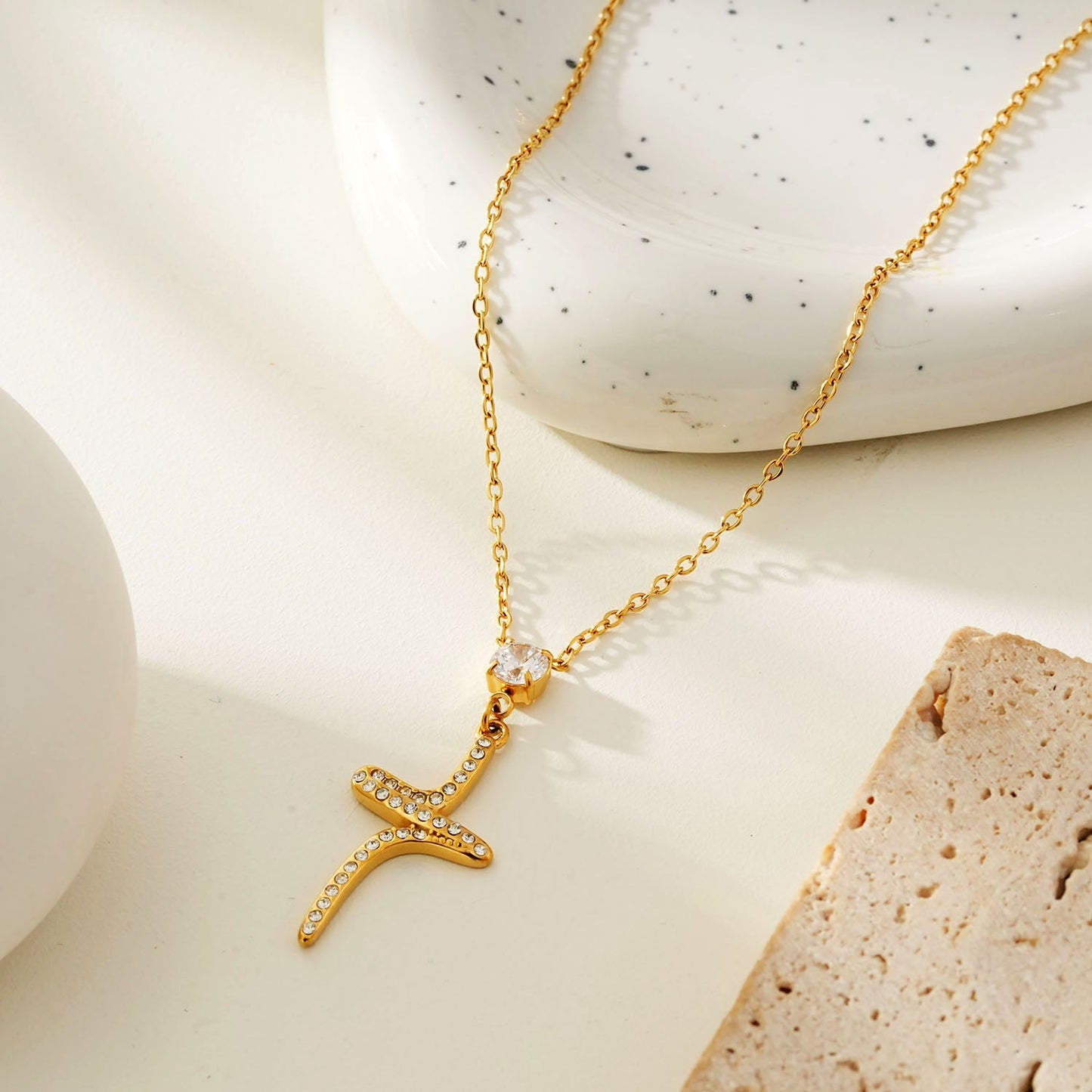 CRISTO Gold: Dainty Chain Necklace with a Zirconia Embedded Abstract Textured Cross Pendent