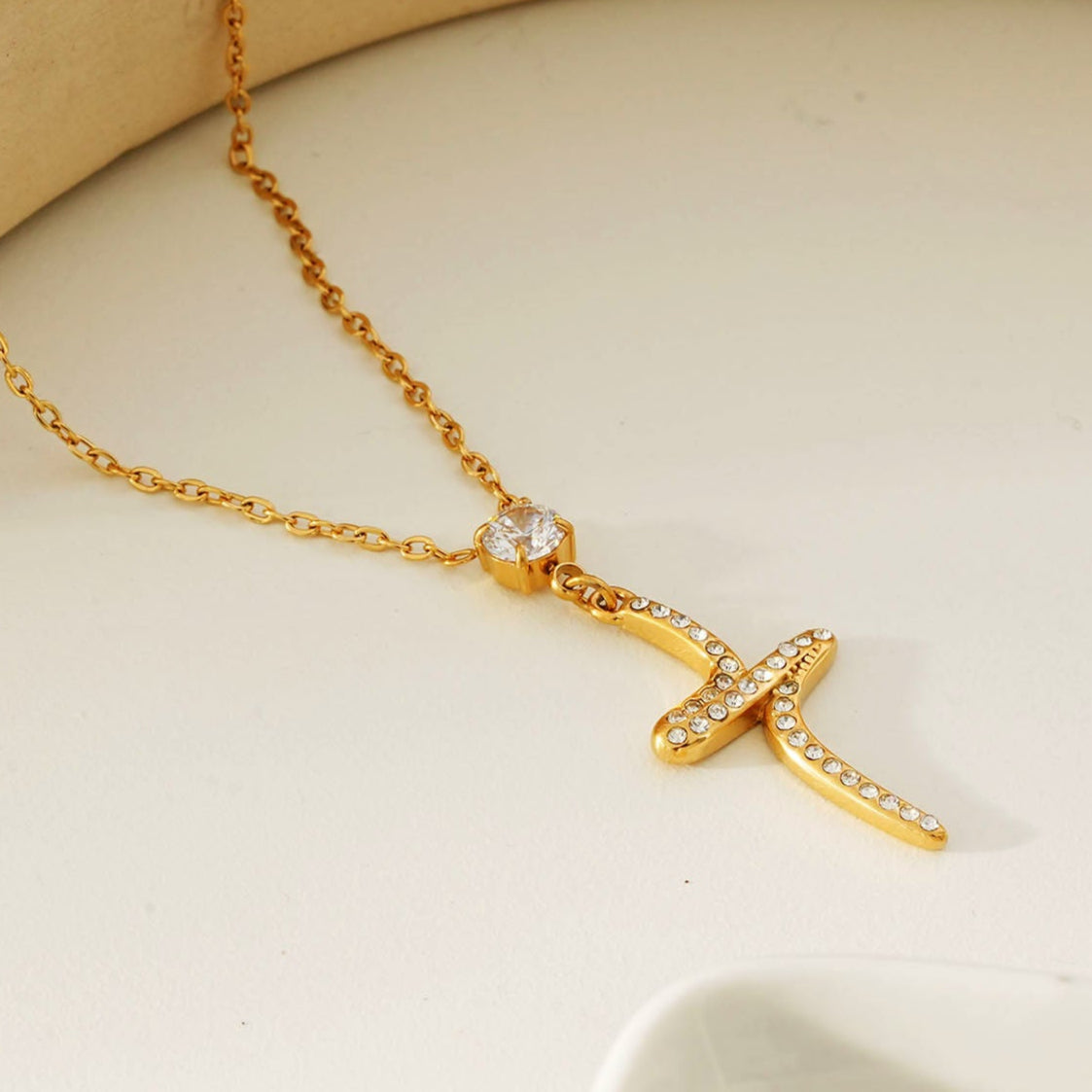 CRISTO Gold: Dainty Chain Necklace with a Zirconia Embedded Abstract Textured Cross Pendent