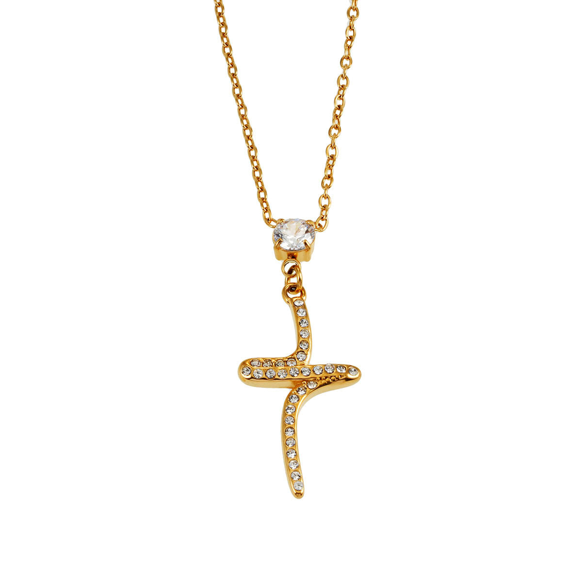 CRISTO Gold: Dainty Chain Necklace with a Zirconia Embedded Abstract Textured Cross Pendent