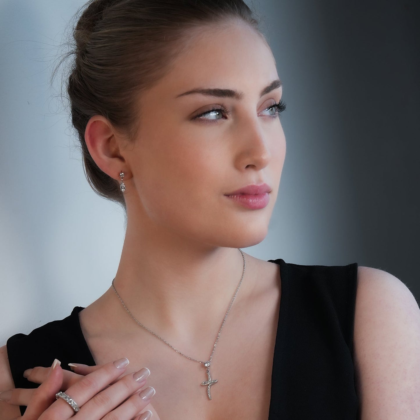 CRISTO Silver (White Gold): Dainty Chain Necklace with a Zirconia Embedded Abstract Textured Cross Pendent