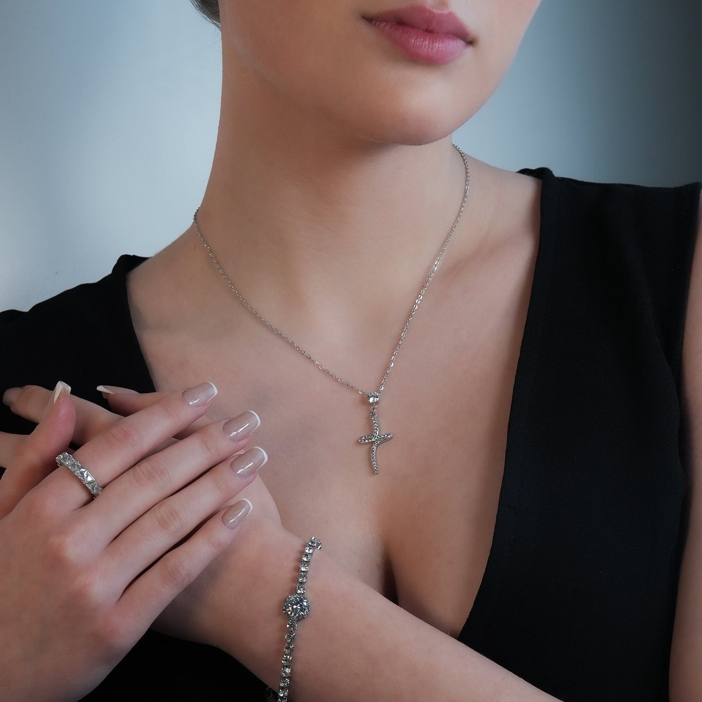 CRISTO Silver (White Gold): Dainty Chain Necklace with a Zirconia Embedded Abstract Textured Cross Pendent