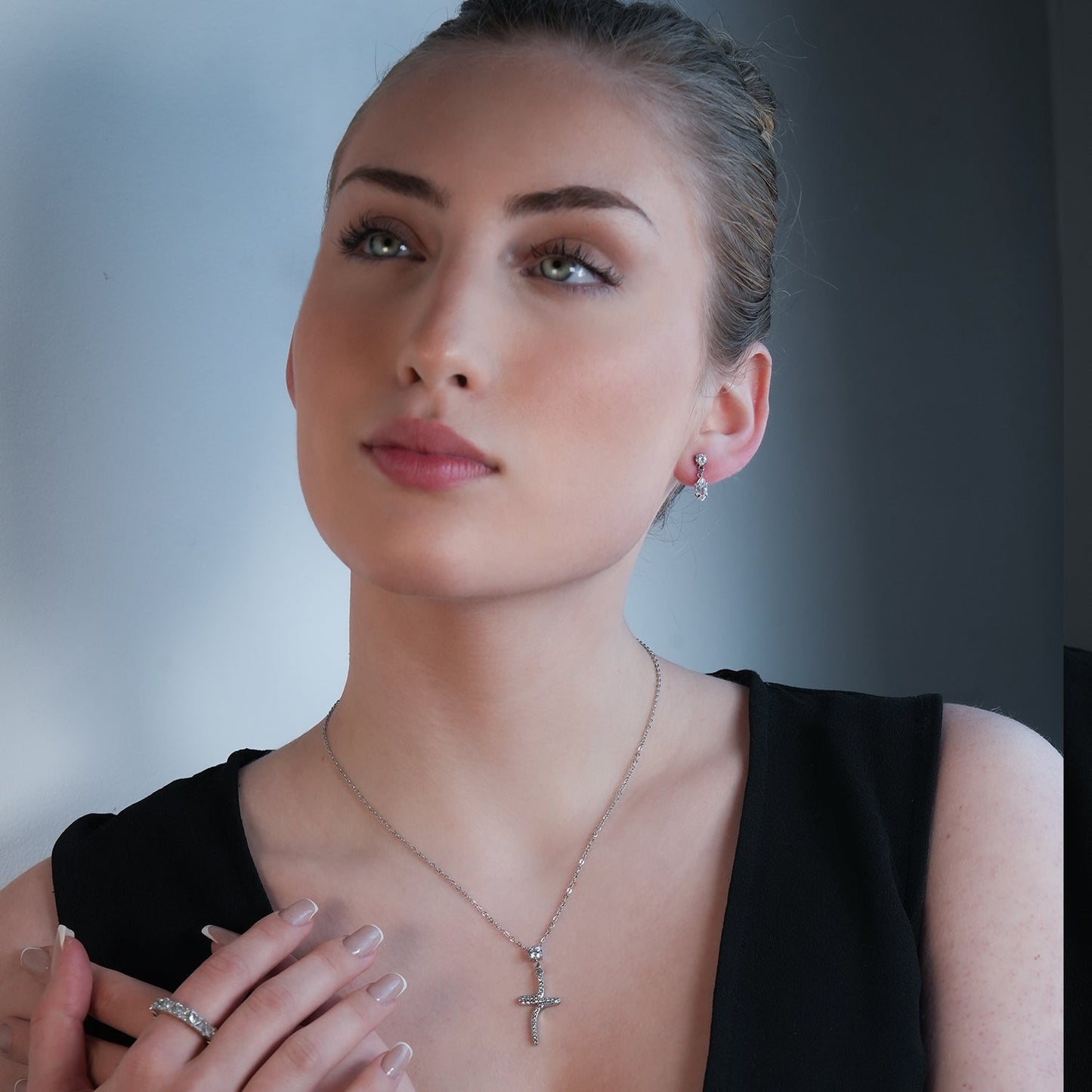 CRISTO Silver (White Gold): Dainty Chain Necklace with a Zirconia Embedded Abstract Textured Cross Pendent