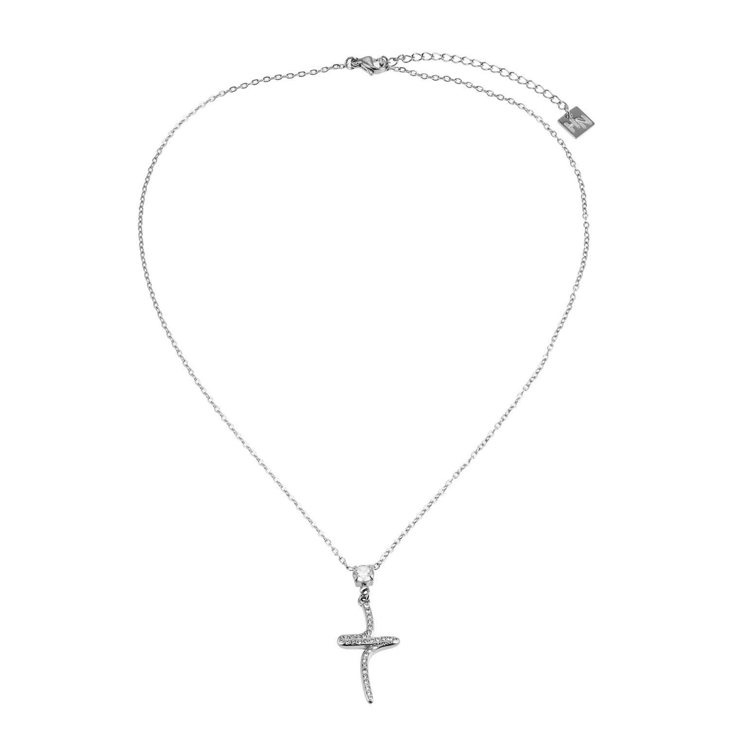 CRISTO Silver (White Gold): Dainty Chain Necklace with a Zirconia Embedded Abstract Textured Cross Pendent