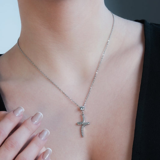 CRISTO Silver (White Gold): Dainty Chain Necklace with a Zirconia Embedded Abstract Textured Cross Pendent