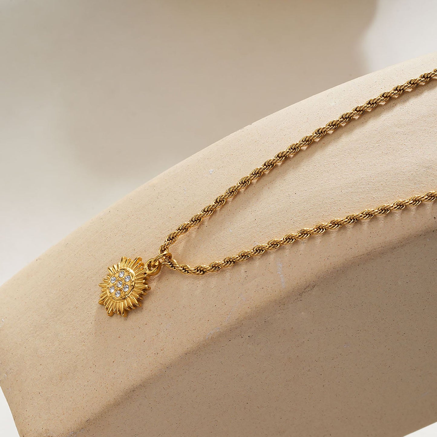 ISA Gold: Rope Chain Necklace with Pavé Zirconia Radiant Sun Pendant