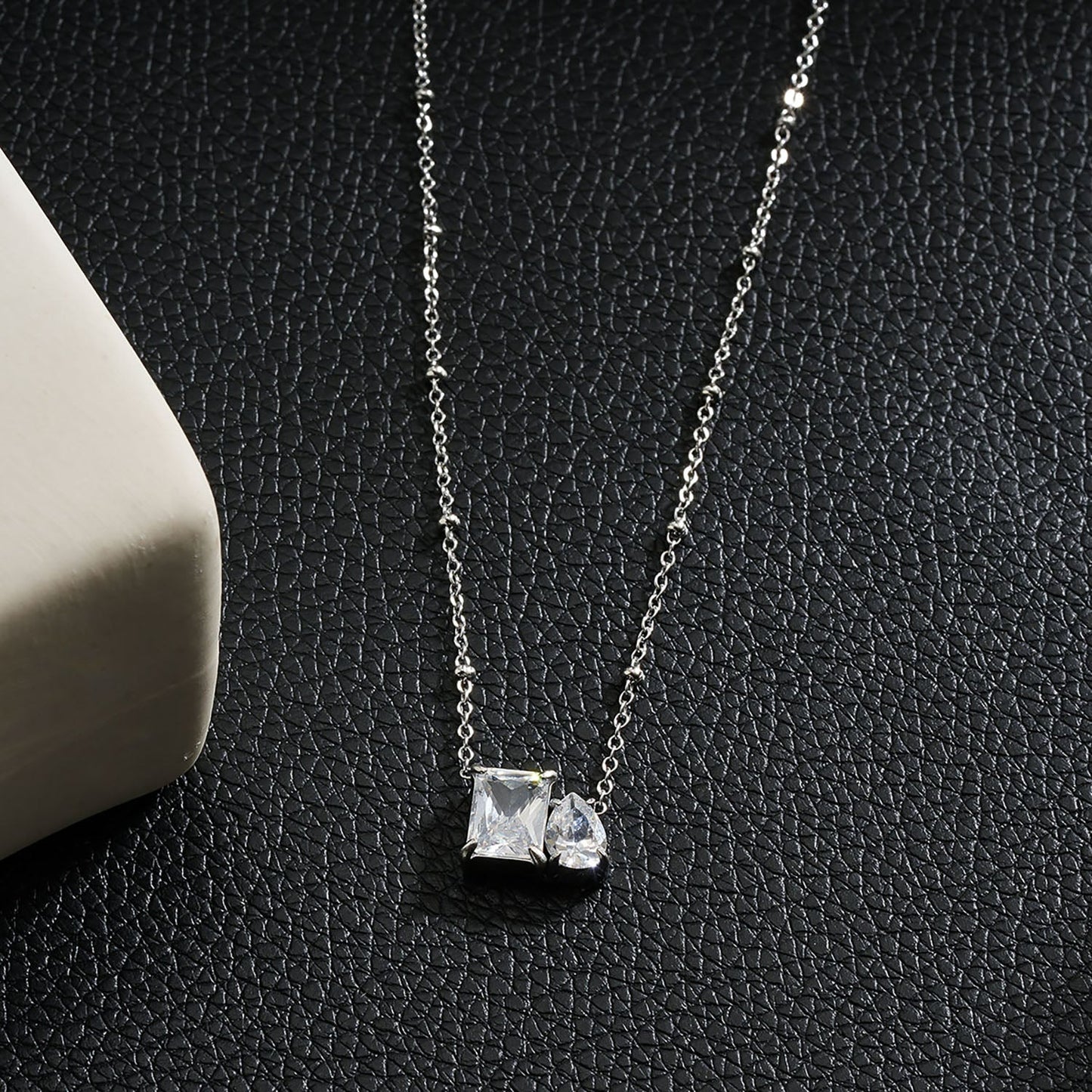 MAFFINA Silver (White Gold): Dainty Beaded Chain Necklace with Duo Zirconia Pendant