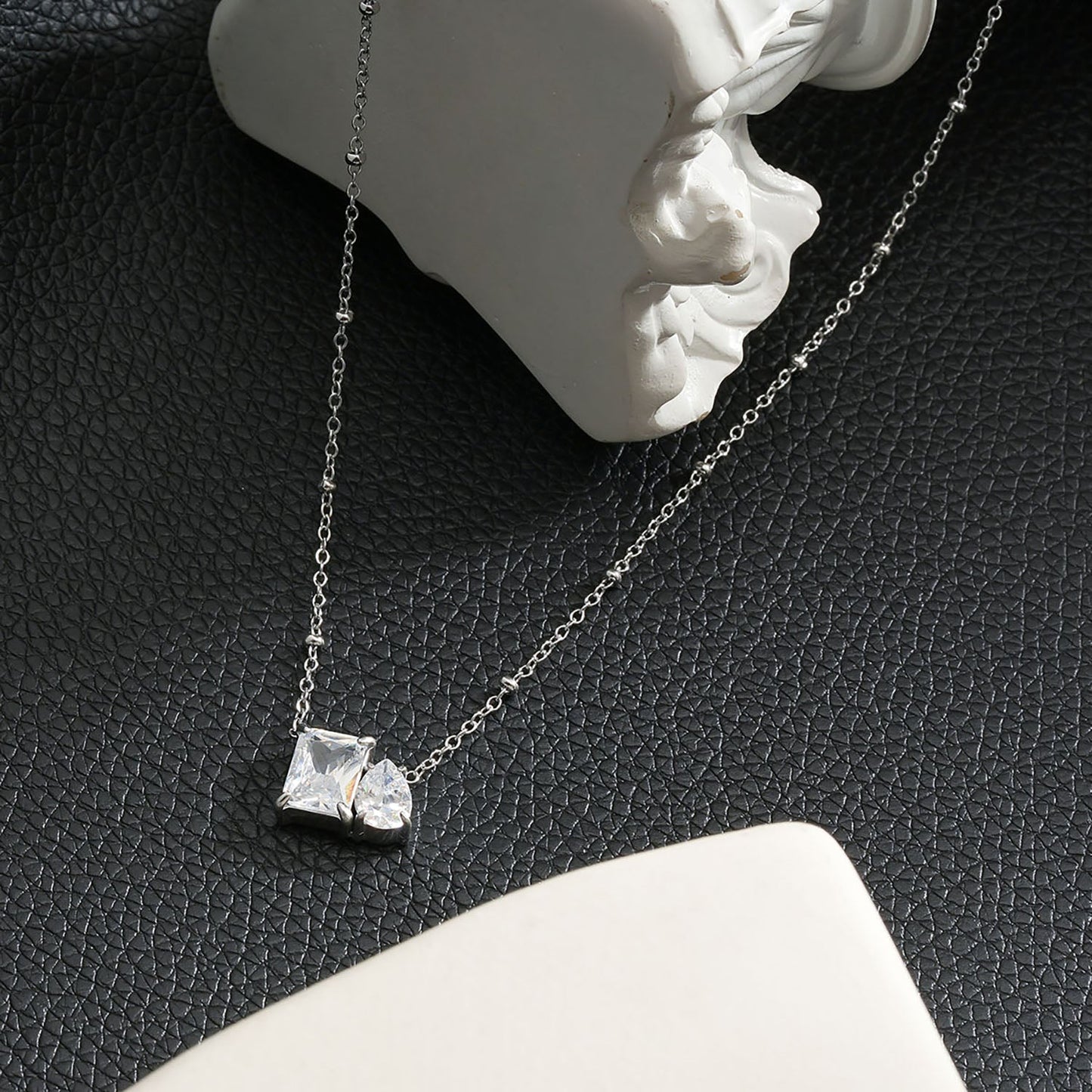 MAFFINA Silver (White Gold): Dainty Beaded Chain Necklace with Duo Zirconia Pendant