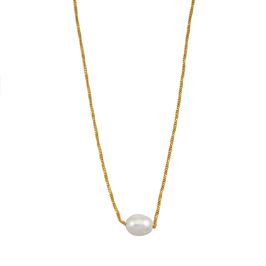 VAZSONY Gold: Effortless Grace - Dainty Textured Chain Necklace with Single Freshwater Pearl