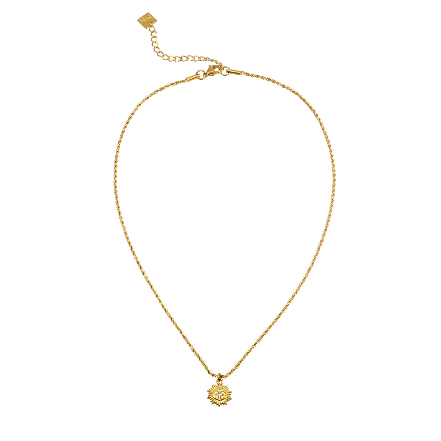ISA Gold: Rope Chain Necklace with Pavé Zirconia Radiant Sun Pendant