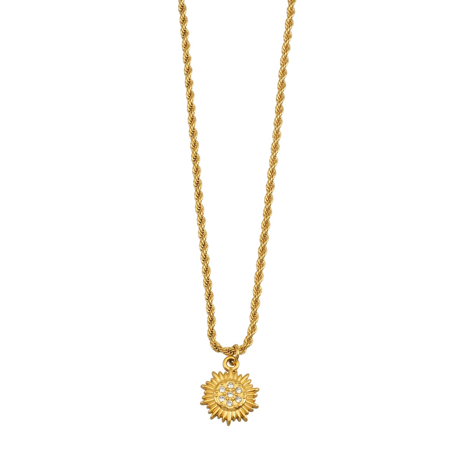ISA Gold: Rope Chain Necklace with Pavé Zirconia Radiant Sun Pendant
