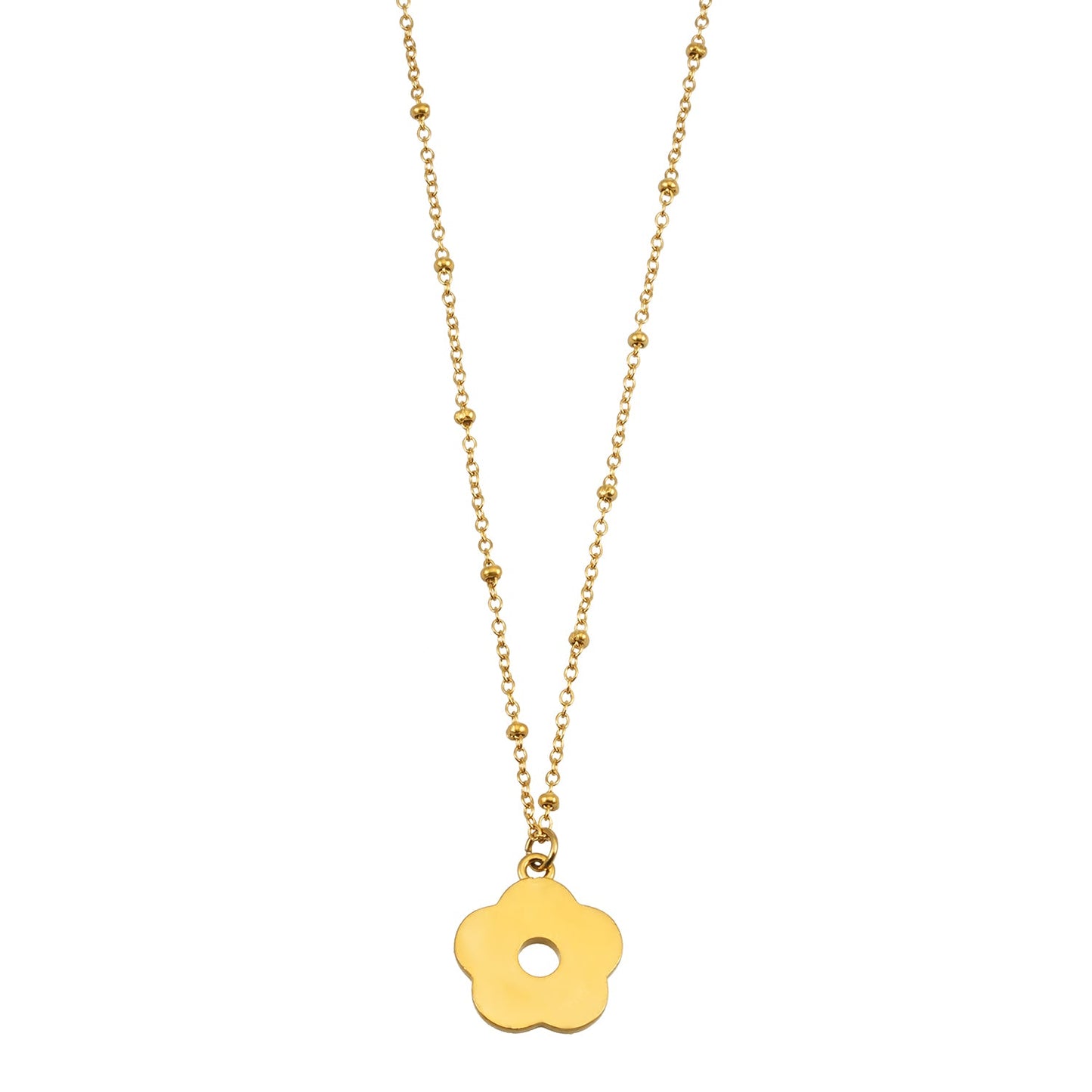 MELRINA Gold - Vintage Bloom: Beaded Chain Necklace with Pave Zirconia Flower Charm