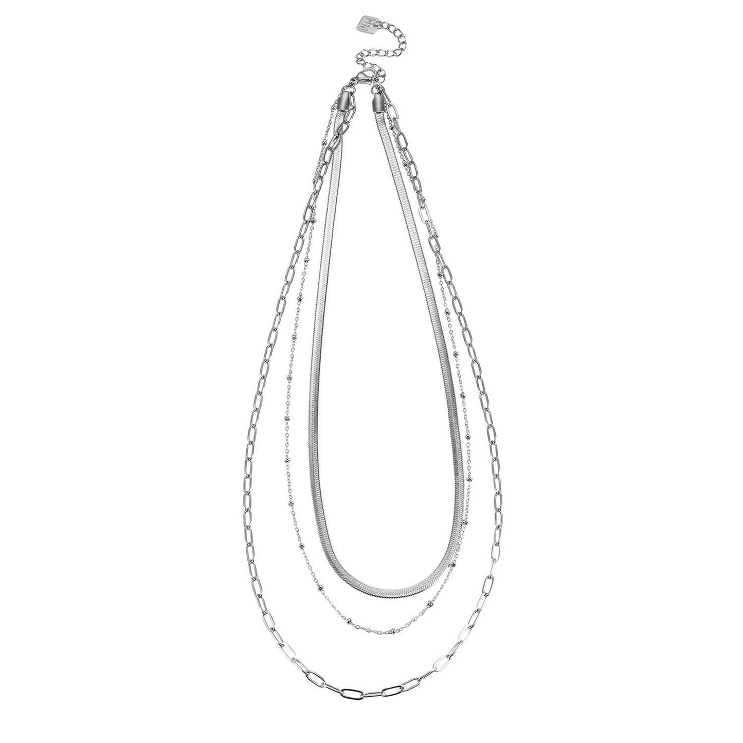 GEILNAR:  Triple Layer Mixed-Chain Necklace in Silver