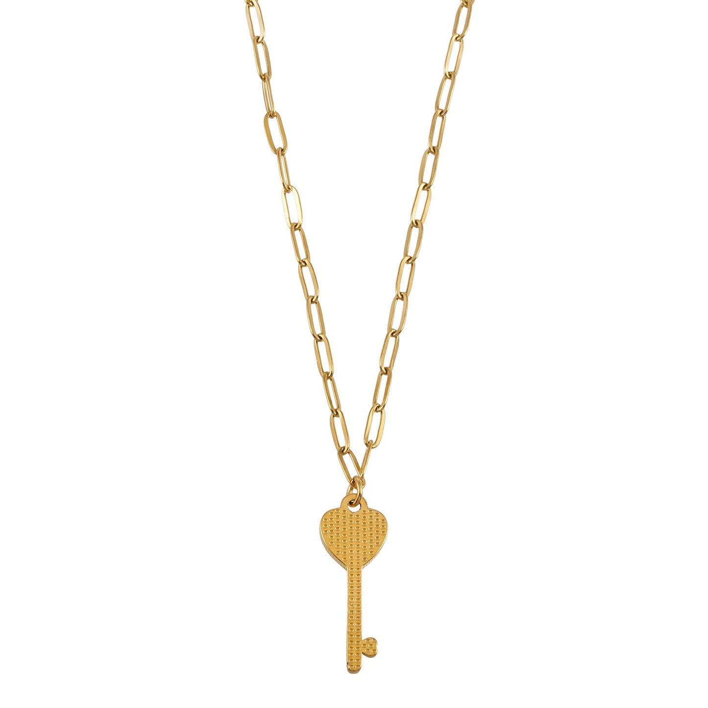 JAZRINA Gold: Pavé Key & Heart Pendant on a Paper Clip Chain Necklace