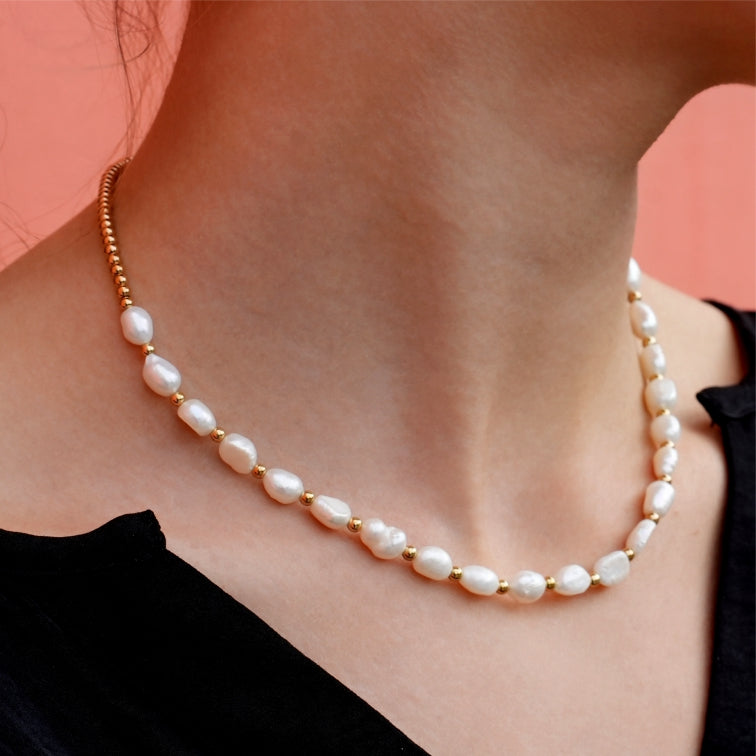 ELISA: Fresh Water Pearls & Gold Beaded Chain Necklace