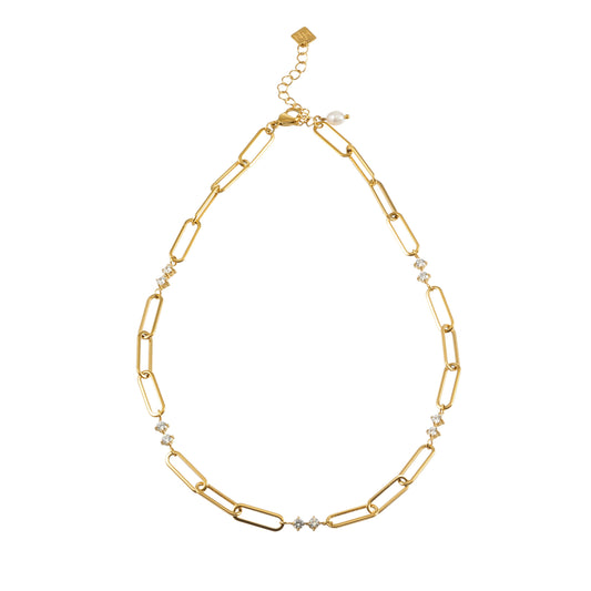 ELOPPINA Gold Necklace: Paper Clip Chain with Zirconia Accents & a Freshwater Pearl Charm