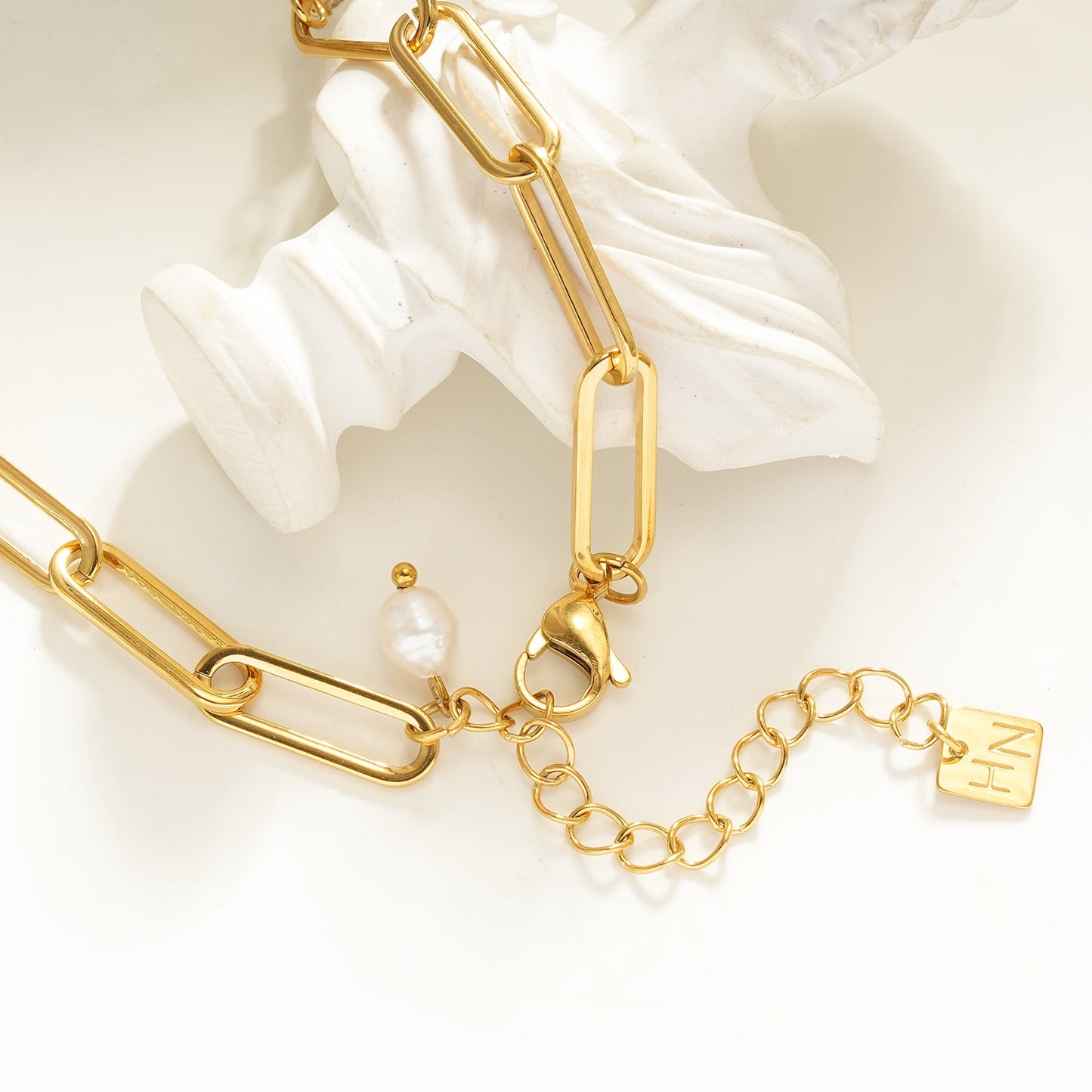 ELOPPINA Gold Necklace: Paper Clip Chain with Zirconia Accents & a Freshwater Pearl Charm