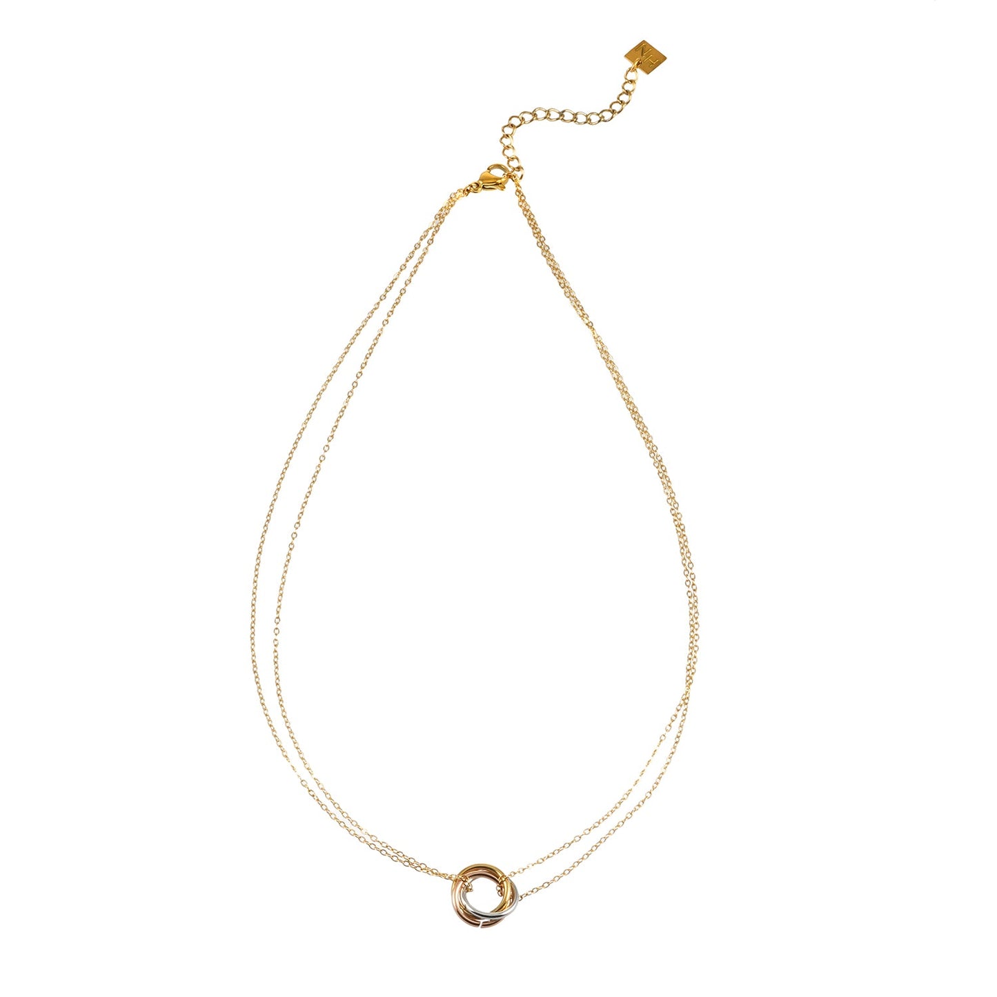 ELVIRA Mixed Metals: Double Chain Dainty Necklace with Intertwined 3-Ring Pendant – Symbol of Love, Unity & Eternity