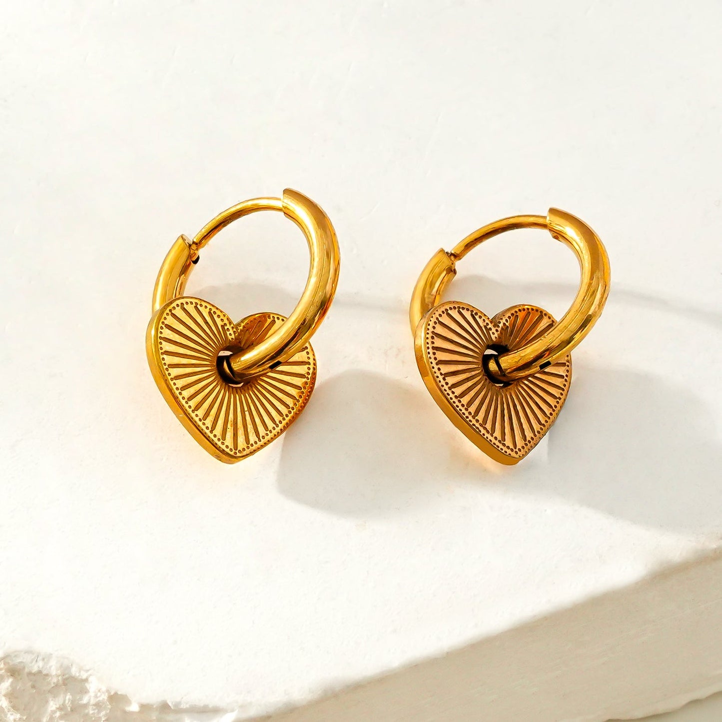 ENDEAR Gold: Romantic Heart Charm Hoop Earrings – A Symbol of Everlasting Love.
