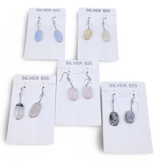 Earrings -925 Sterling -Natural Agate -Oval -Mixed Color