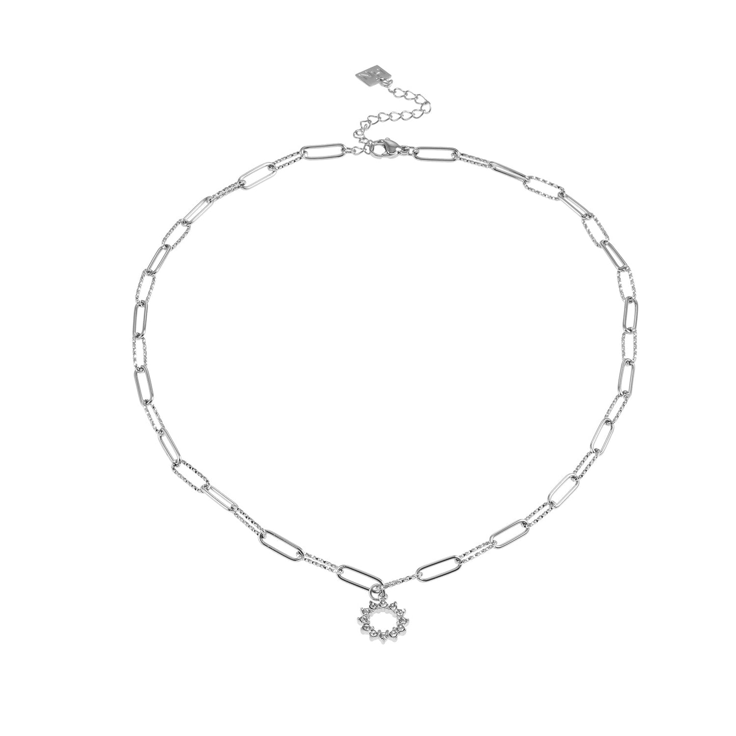 FRETTA: Radiant Star Shaped Pendant Zirconia Paper-Clip Chain Necklace in White Gold (Silver Toned)