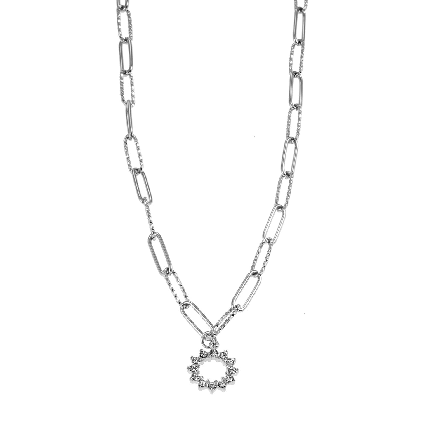 FRETTA: Radiant Star Shaped Pendant Zirconia Paper-Clip Chain Necklace in White Gold (Silver Toned)