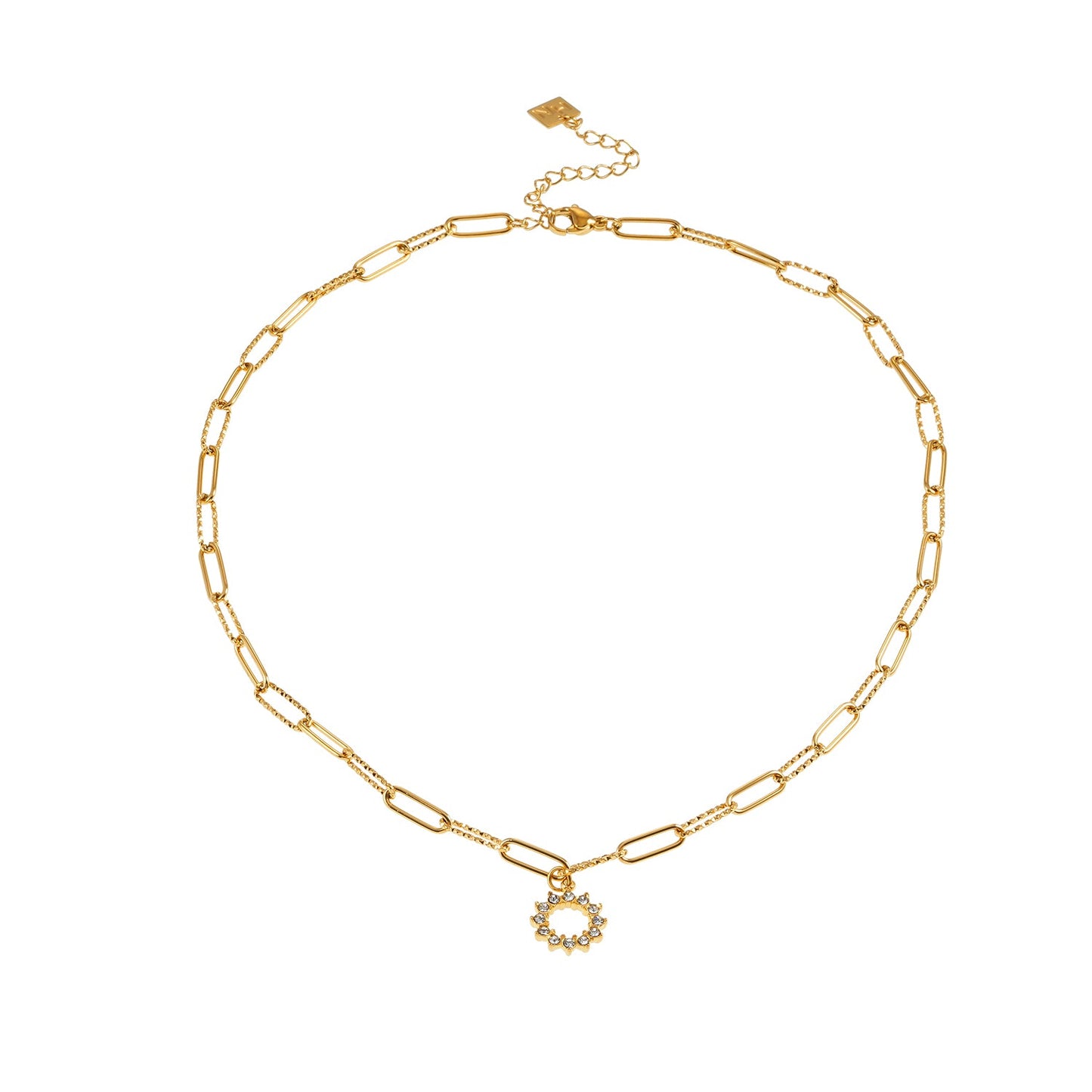 FRETTA: Radiant Star Shaped Pendant Zirconia Paper-Clip Chain Necklace in Gold.