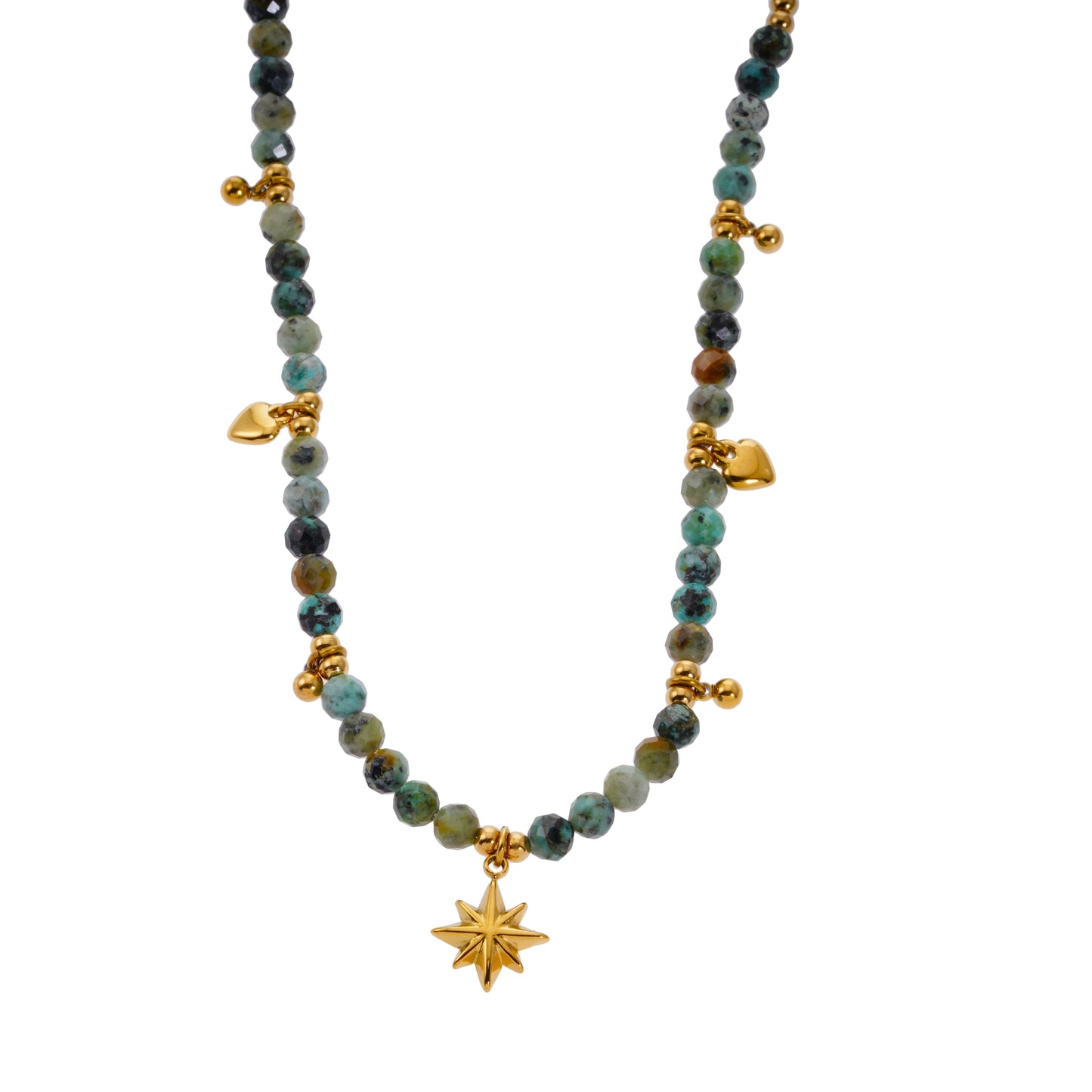 Style GITANJI: Blue Turquoise Stones with Gold Beads & Charms Chain Necklace