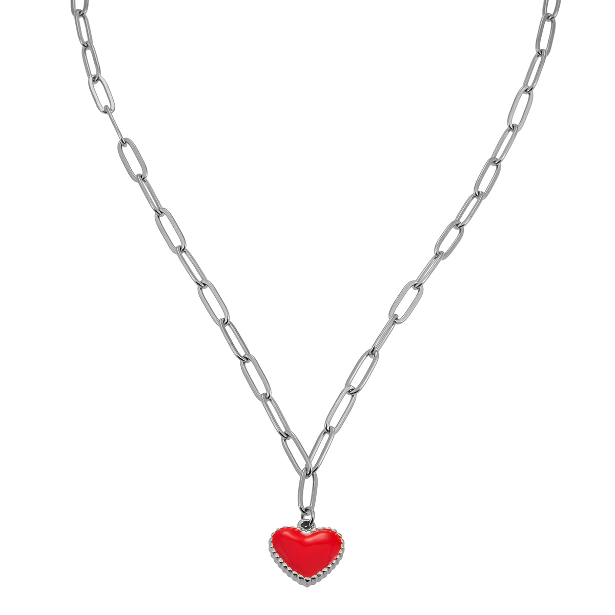Style HEART ROUGE Silver (White Gold): Paper Clip Chain Anchoring an Enameled Red Heart Charm