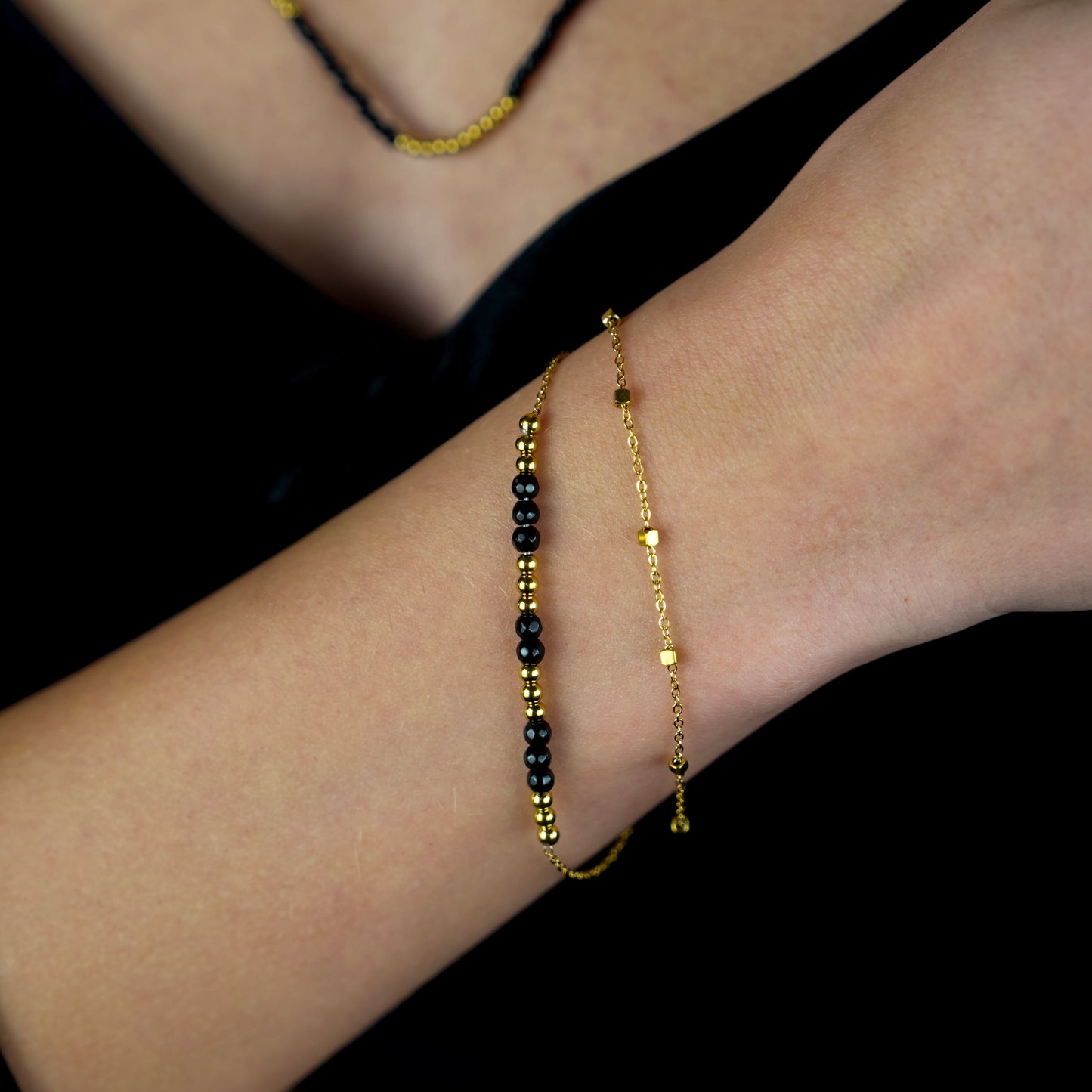 HILDA: Two-in-One Square Beads & Round Beads in Black & Gold Bracelet.