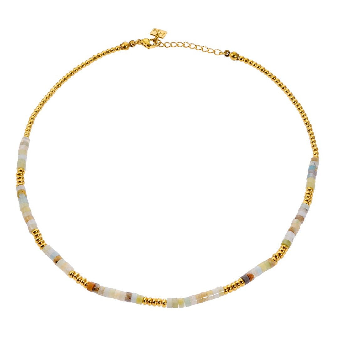 ISHANI: Pink Aventurine Stones and Gold Beaded Necklace