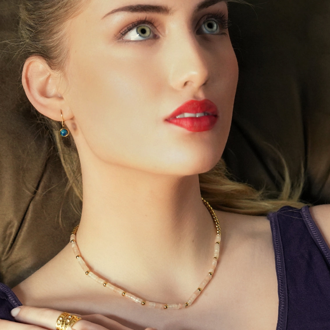 ISHANI: Pink Aventurine Stones and Gold Beaded Necklace