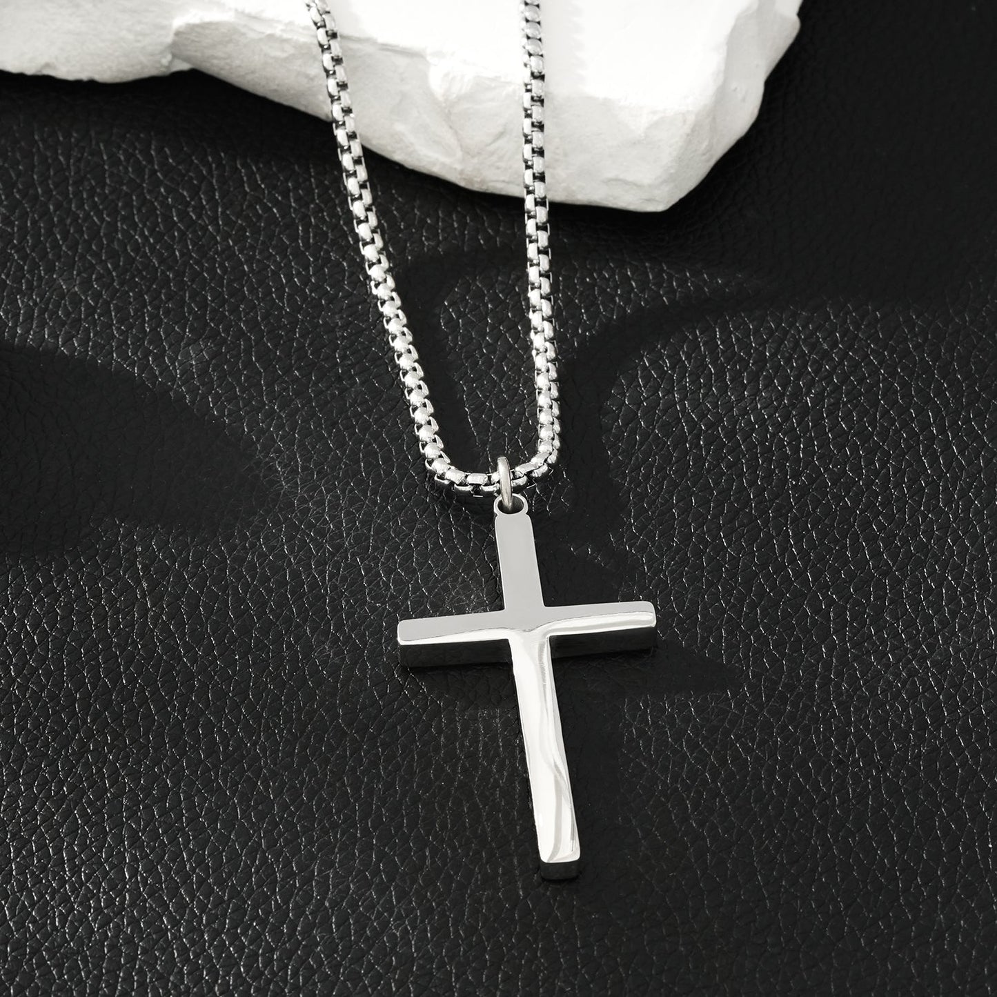 JENGO Silver (White Gold) Square Link Silver Chain Necklace with Minimalist Cross Pendant for Women or Men