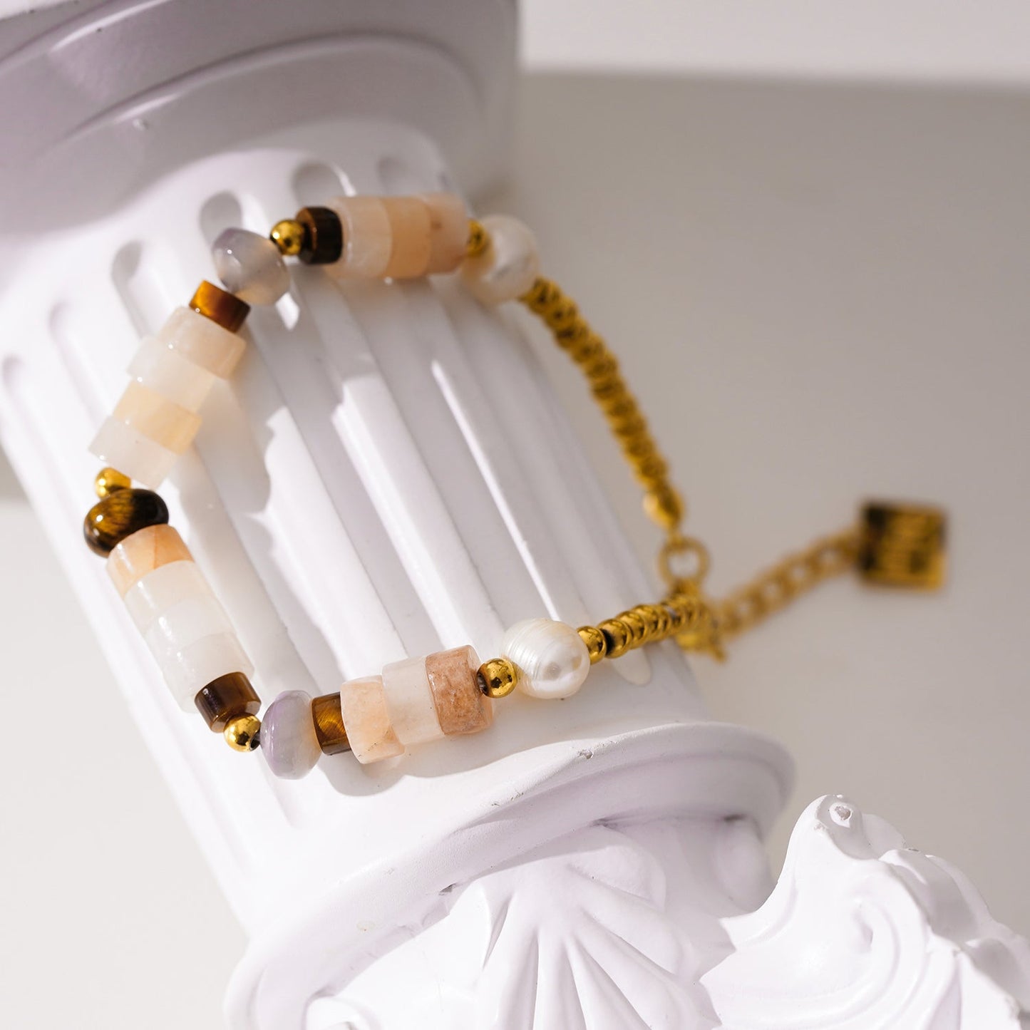 JERASA: Chalcedony Stones, Fresh Water Pearls & Gold Ball-Beaded Bracelet.