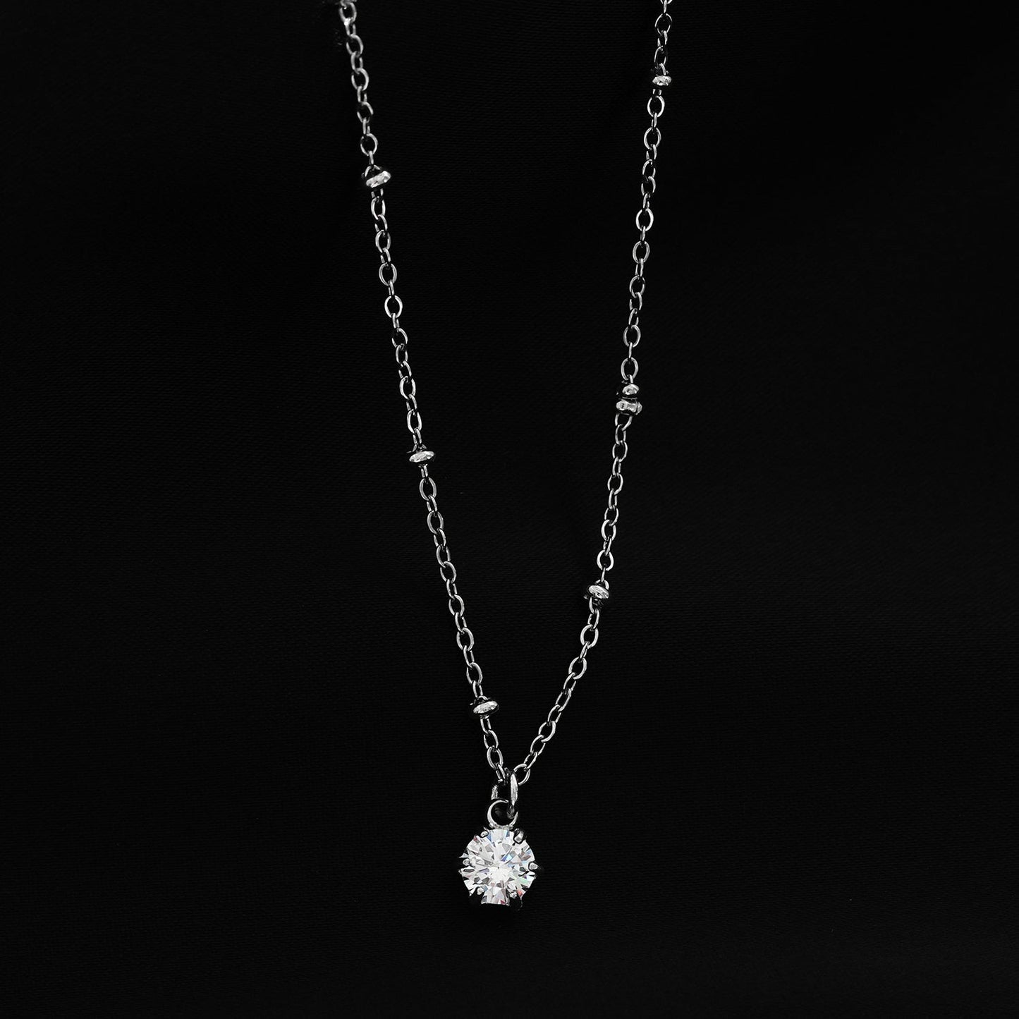 KADIRI Silver:  Solitaire Zirconia Charm Pendant on a Beaded Chain Necklace