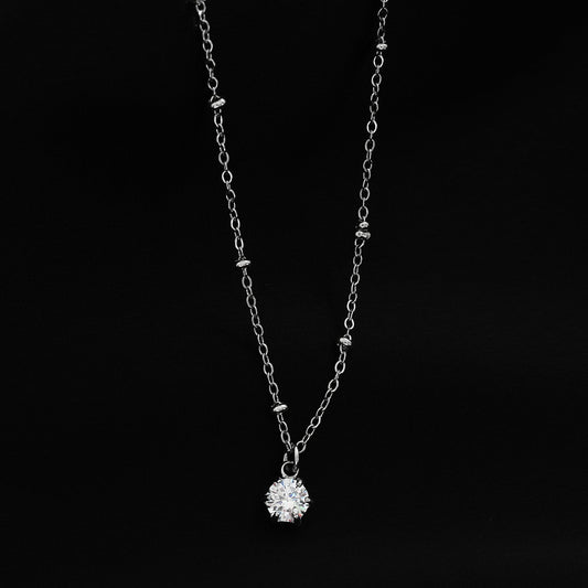 KADIRI Silver:  Solitaire Zirconia Charm Pendant on a Beaded Chain Necklace