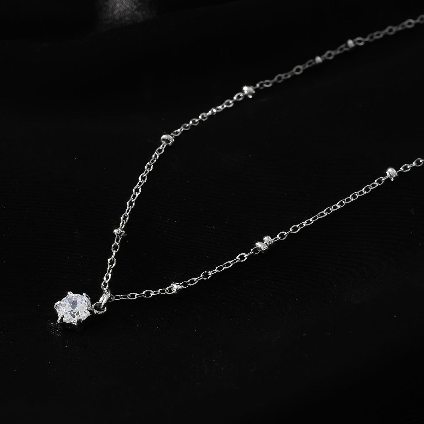 KADIRI Silver:  Solitaire Zirconia Charm Pendant on a Beaded Chain Necklace