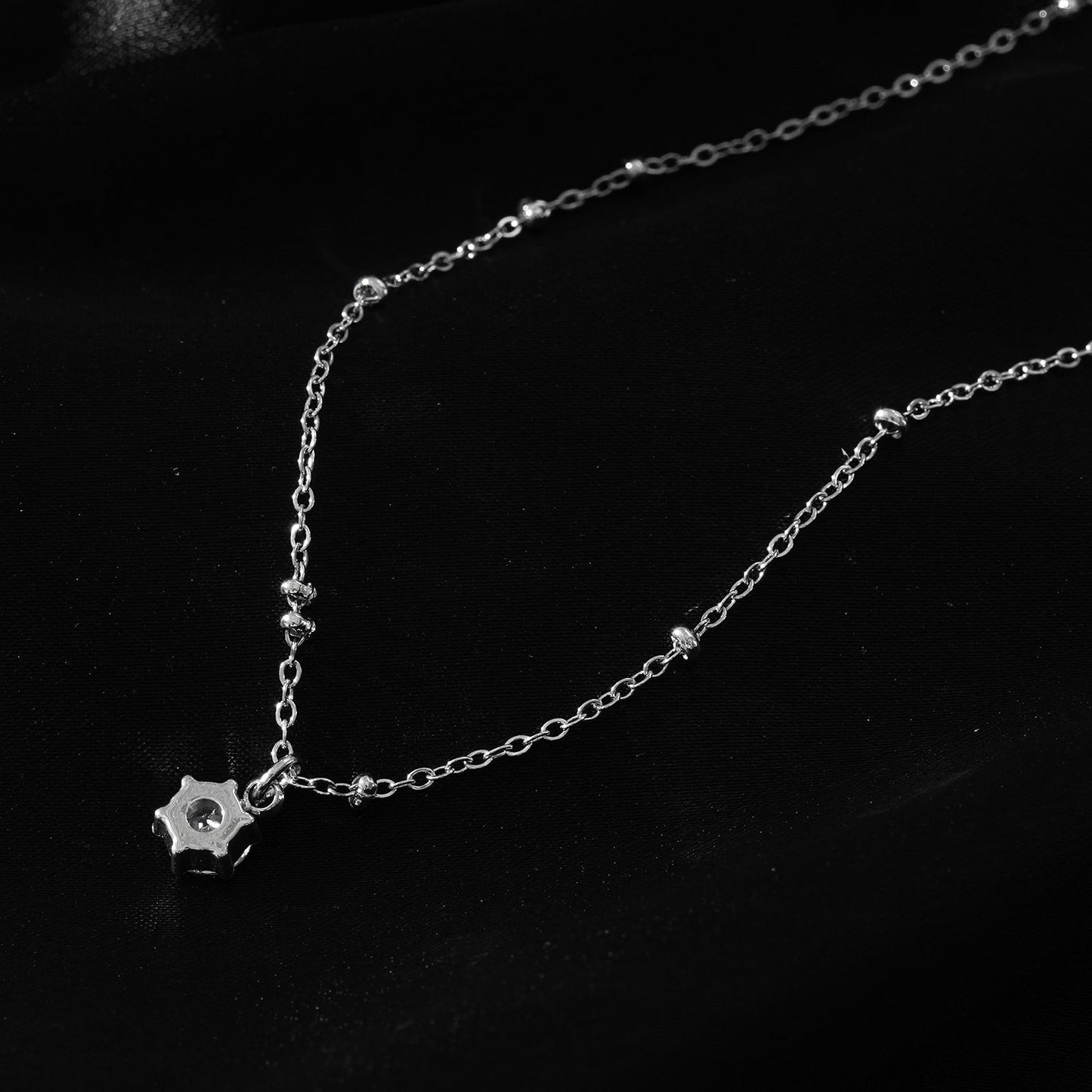 KADIRI Silver:  Solitaire Zirconia Charm Pendant on a Beaded Chain Necklace