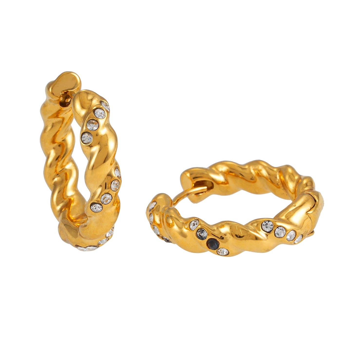 Style KAMENZ: Twisted Textured Hoop Earrings with Zirconia Embellishments.