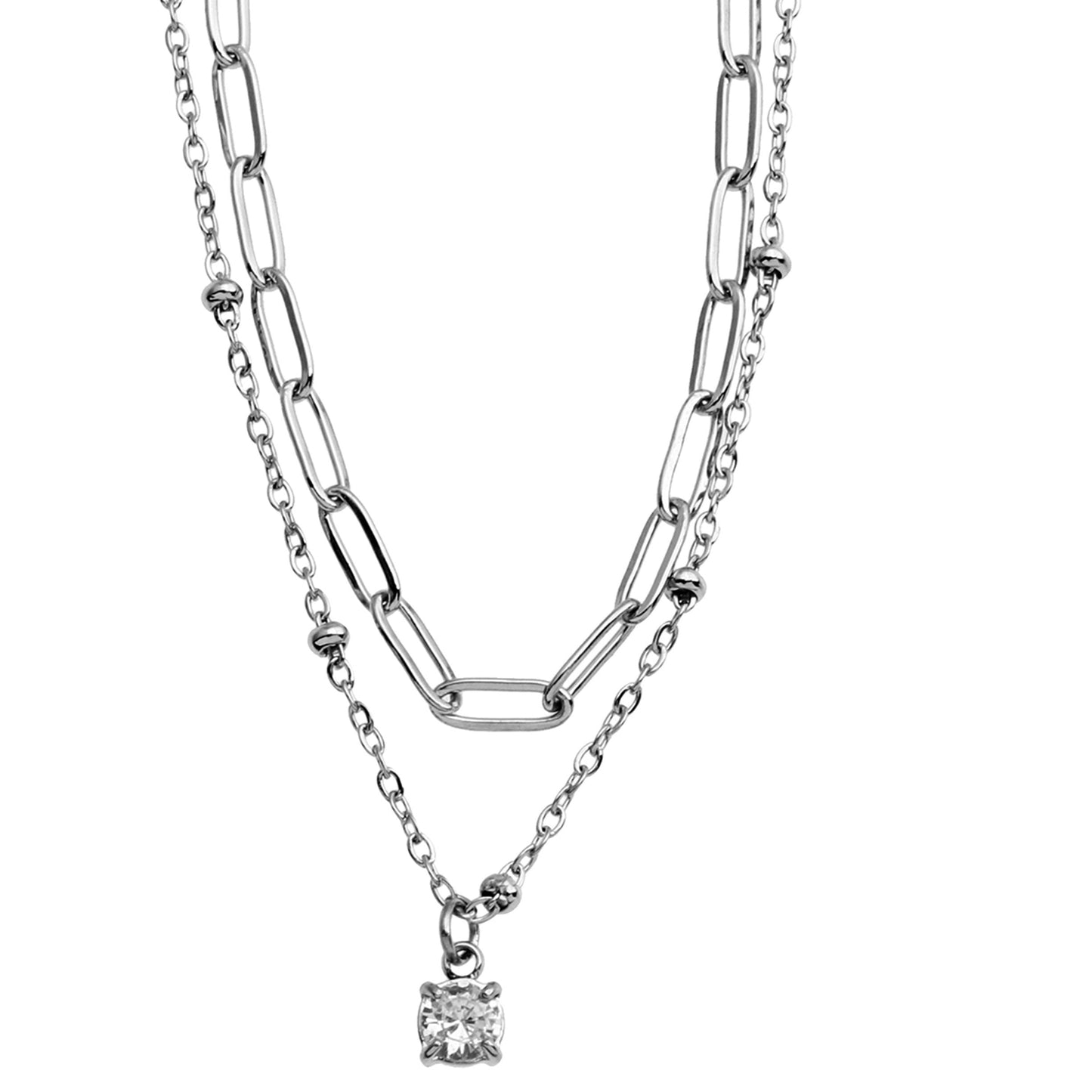 KATERI Silver: Pre-Layered Chains Necklace with a Solitaire Zirconia Charm Pendant