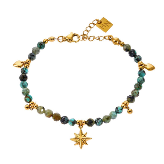 Style KAVYA: Blue Turquoise Stones with Gold Beads & Charms Chain Bracelet