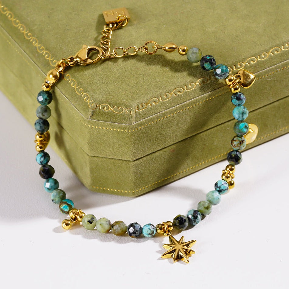 Style KAVYA: Blue Turquoise Stones with Gold Beads & Charms Chain Bracelet