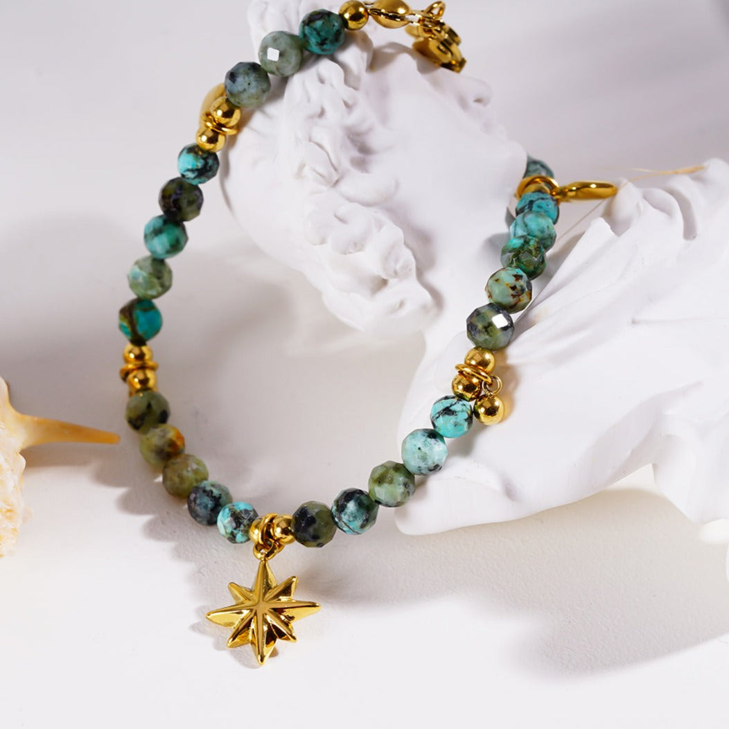 Style KAVYA: Blue Turquoise Stones with Gold Beads & Charms Chain Bracelet