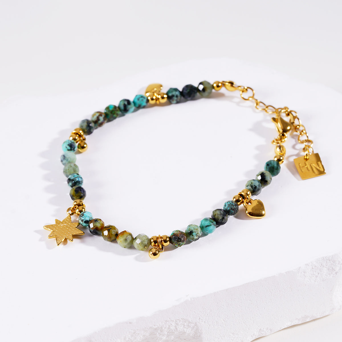 Style KAVYA: Blue Turquoise Stones with Gold Beads & Charms Chain Bracelet