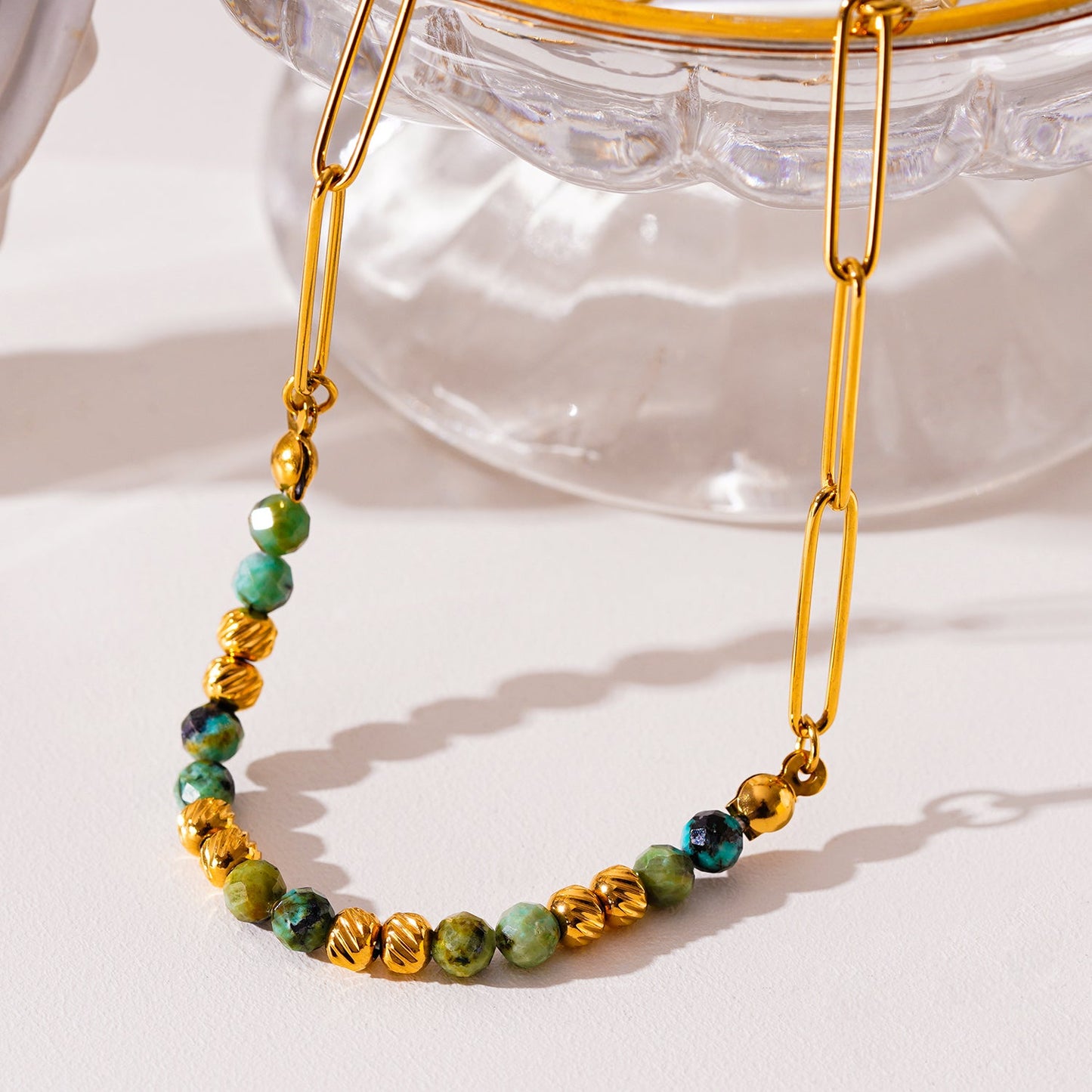 LAIMA: African Turquoise Stones & Gold Beaded Paper-Clip Chain Necklace