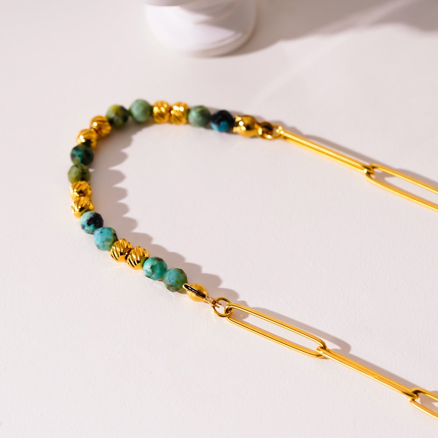 LAIMA: African Turquoise Stones & Gold Beaded Paper-Clip Chain Necklace