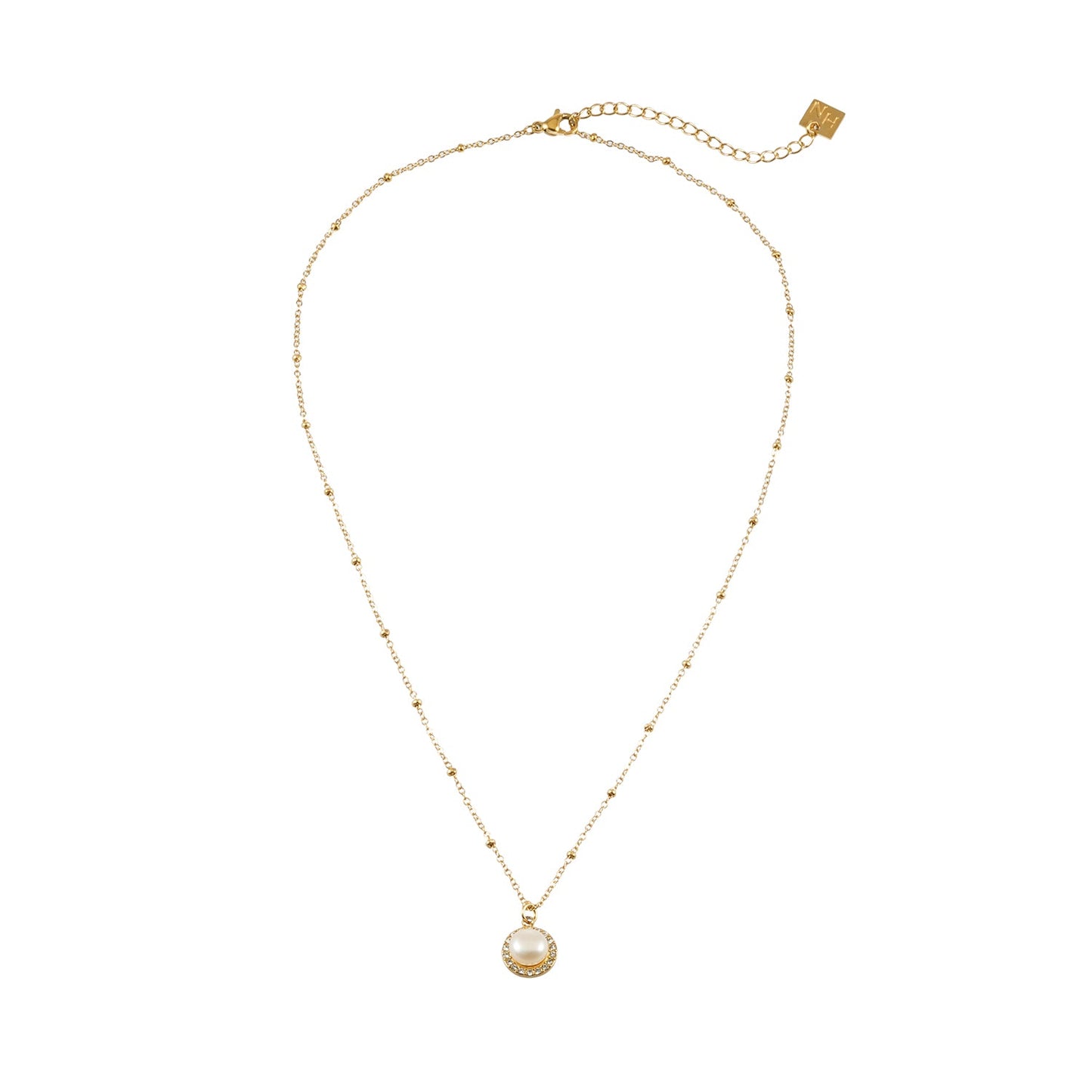 LATAHIA Gold: Beaded Chain necklace with Freshwater Pearl & Pavé Zirconia Border Pendant