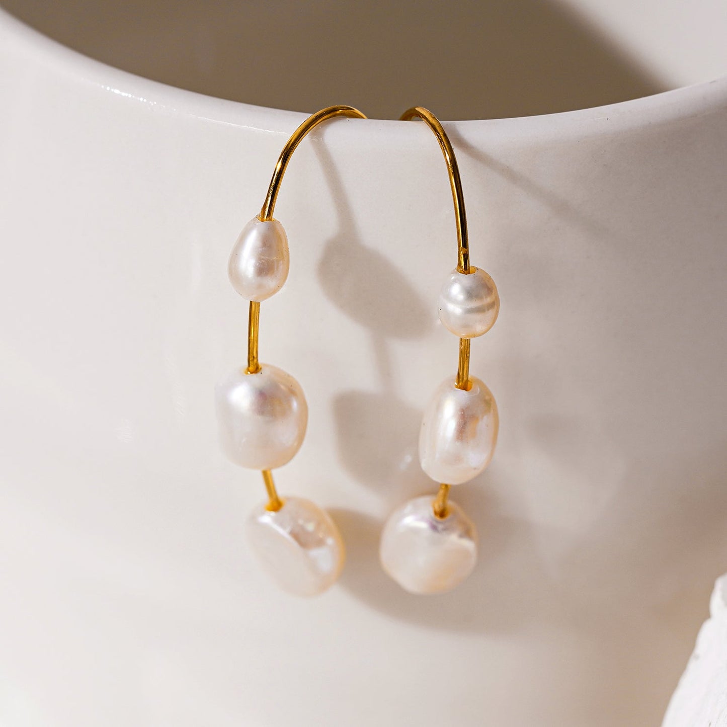 Style: LISANNE: Geometric Shaped Modernist Hoop Earring with a Trio of Fresh-Water Pearls