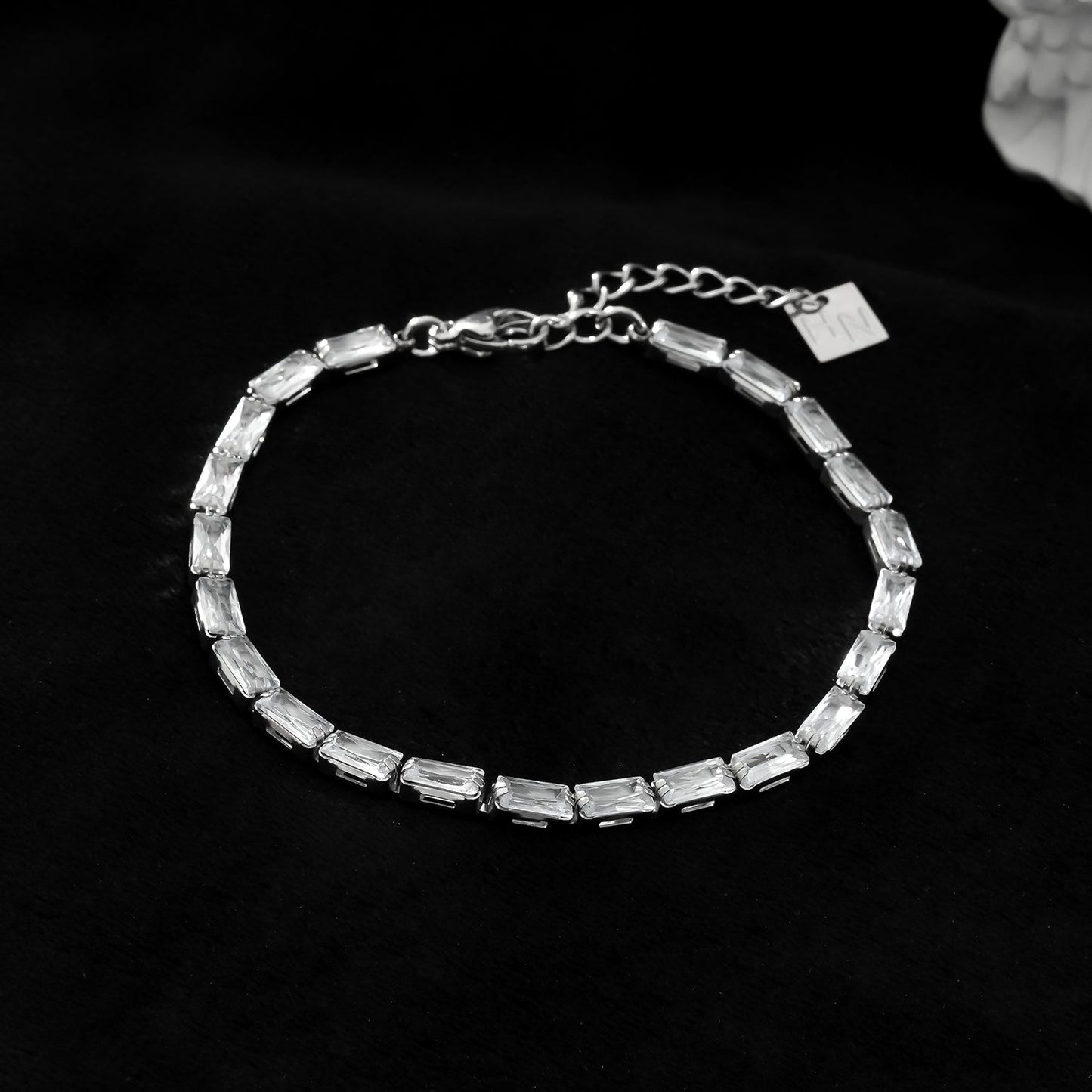 MELLISH: Retro Style Rectangle Zirconia (CZ) Tennis Bracelet in Silver Toned White Gold