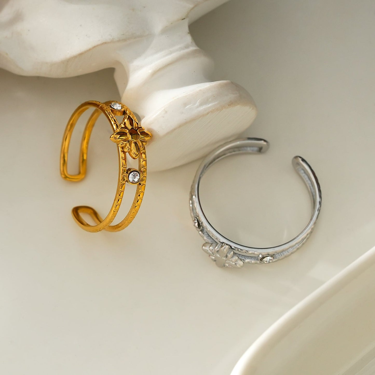 MICHELE White Gold (Silver Toned):  Vintage Inspired Double Stacked Ring.